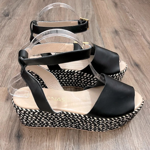 Kaanas Anthropologie Platforms Black Leather Espadrilles Women’s 7-Boho-Bohemian - Picture 2 of 8